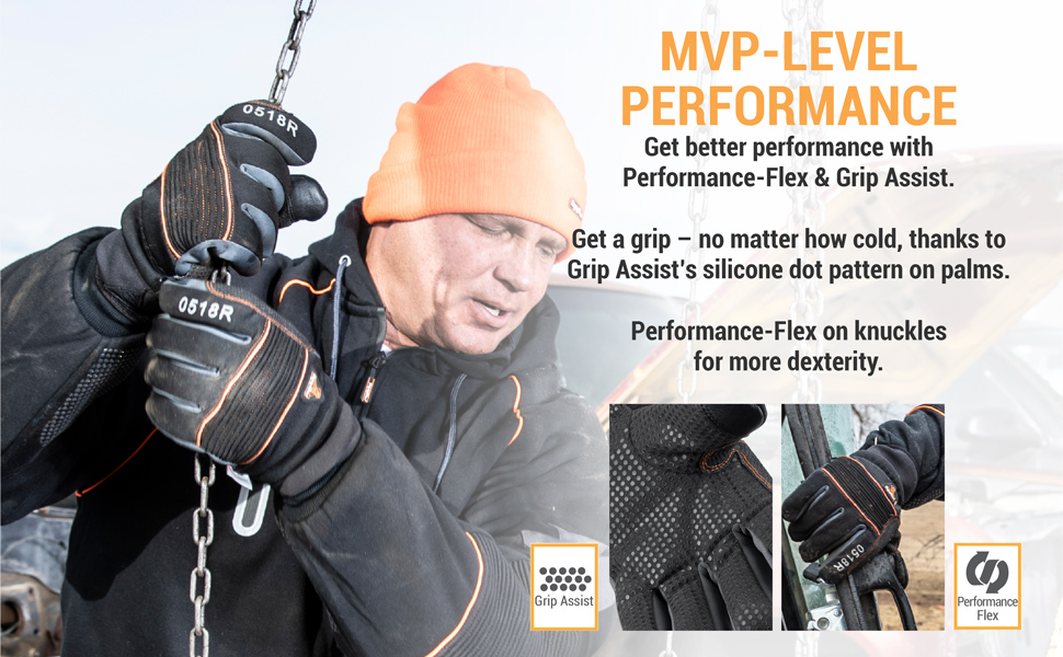 MVP level performance. Get better performance with performance-flex and grip assist. Get a grip-no matter how cold, thanks to Grip assist's silicone dot pattern on palms. Performance flex on knuckles for more dexterity.