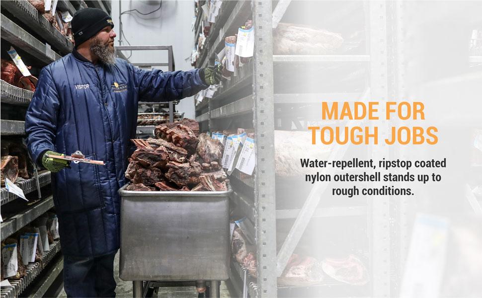 Made for tough jobs. Water-Repellent, ripstop coated nylon outershell stands up to rough conditions.