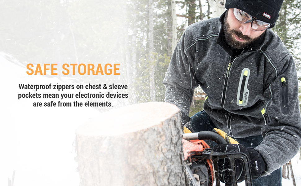 Safe storage. Waterproof zippers on chest and sleeve pockets mean your electronic devices are safe from the elements.
