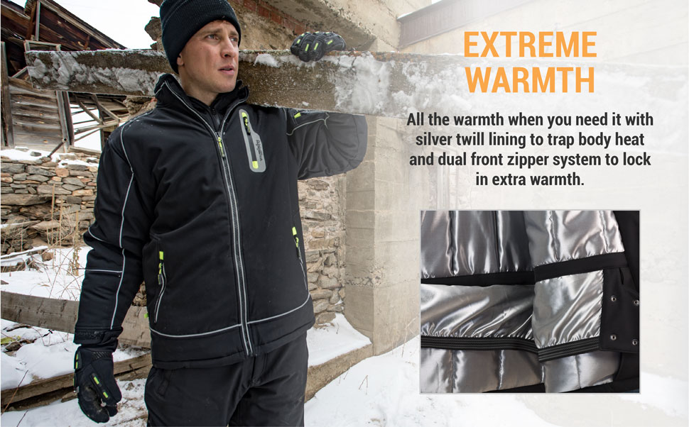 Extreme Warmth. All the warmth when you need it with silver twill lining to trap body heat and dual front zipper system to lock in extra warmth.