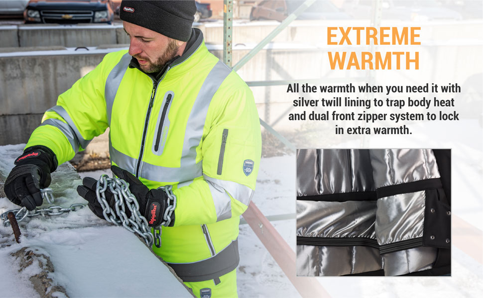 Extreme Warmth. All the warmth when you need it with silver twill lining to trap body heat and dual front zipper systems to lock in extra warmth