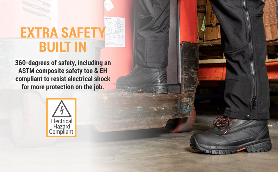 Extra safety built in. 360-degree of safety, including an ASTM composite safety toe and EH compliant to resist electrical shock for more protection on the job.