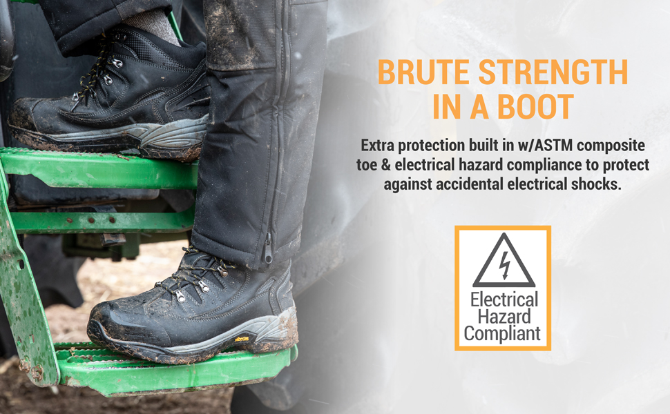Brute strength in a boot. Extra protection built in with ASTM composite toe and electrical hazard compliance to protect against accidental electrical shocks.