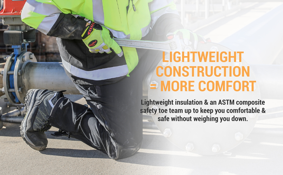 Lightweight construction = more comfort. Lightweight insulation and an ASTM composite safety toe team up to keep you comfortable and safe without weighing you down.