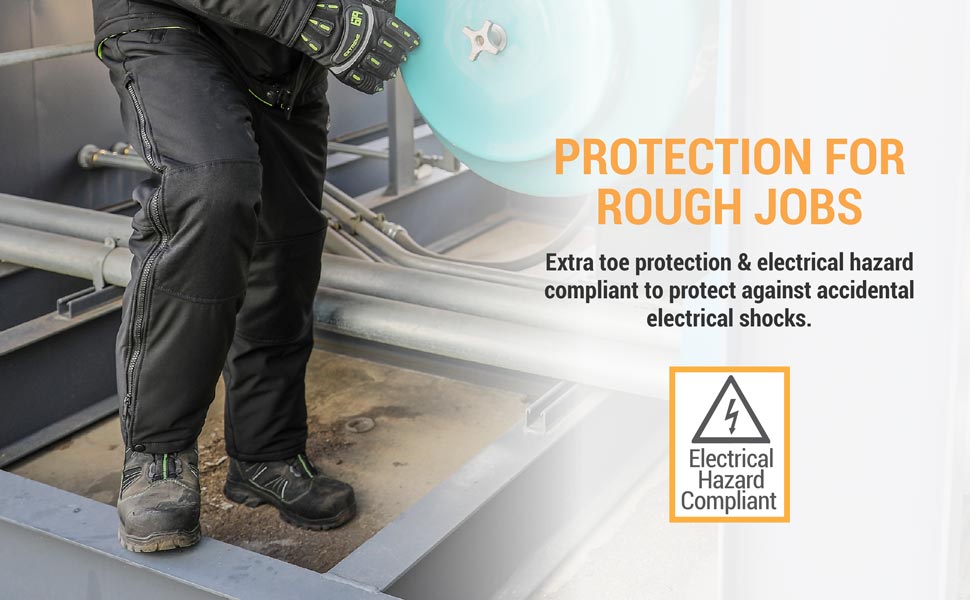 Protection for rough jobs. Extra toe protection and electrical hazard compliant to protect against accidental electrical shocks.