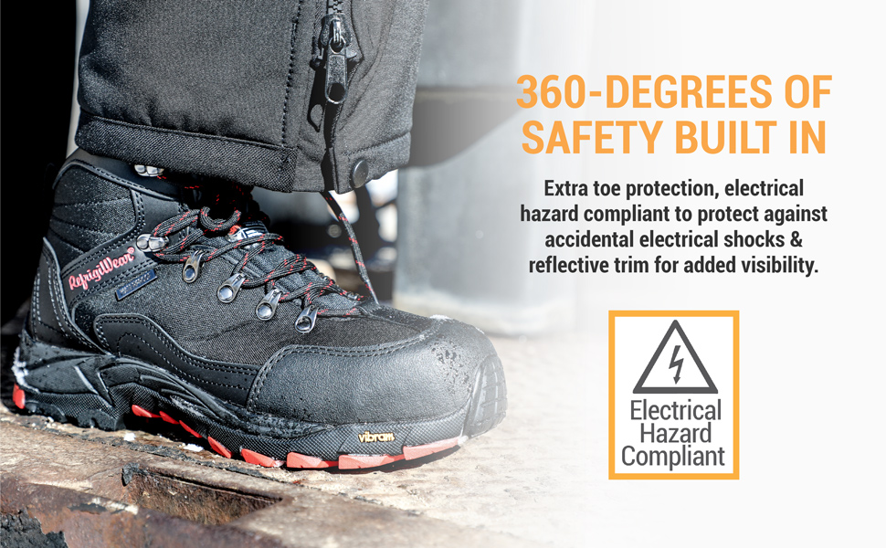 360 Degrees of safety built in. Extra toe protection, electrical hazard compliant to protect against accidental electrial shocks and reflective trim for added visibility.