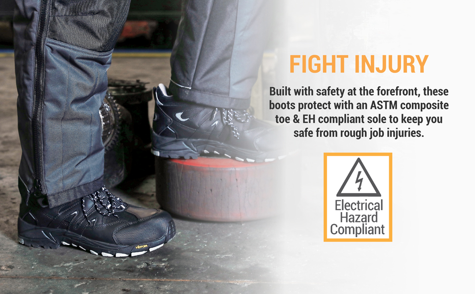 Fight injury. Built with safety at the forefront, these boots protect with ASTM composite toe and eh compliant sole to keep you safe from rough job injuries.
