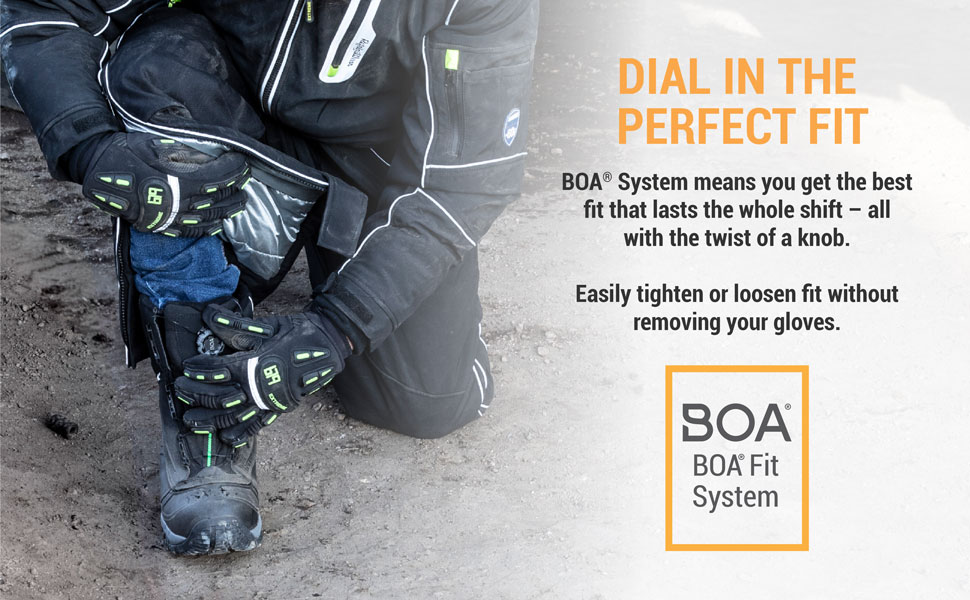 Dial in the perfect fit. Boa System means you get the best fit that lasts the whole shift - all with the twist of a knob. Easily tighten or loosen fit without removing your gloves.