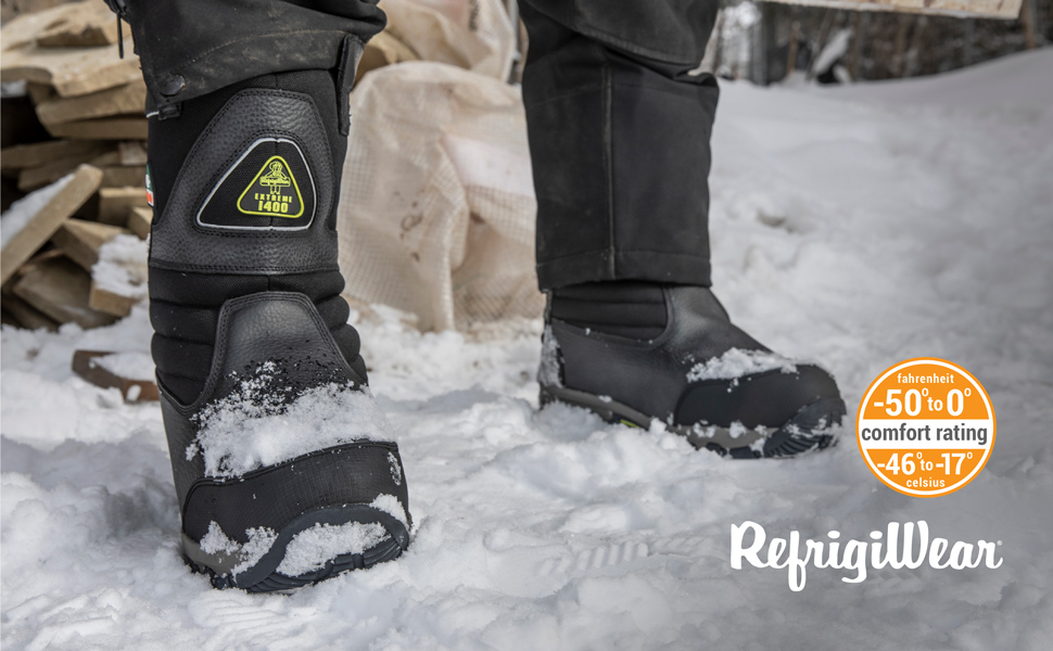 Close up of someone wearing the Extreme Freezer pull-on boots in the snow