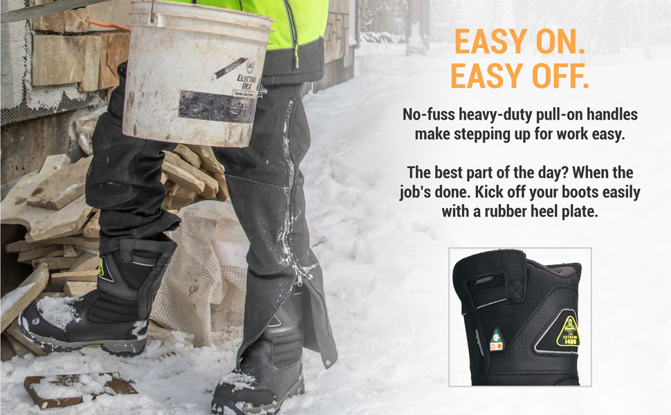 Easy on, easy off. No-fuss heavy-duty pull-on handles make stepping up for work easy. The best part of the day? When the job's done. Kick off your boots easily with a rubber heel plate.