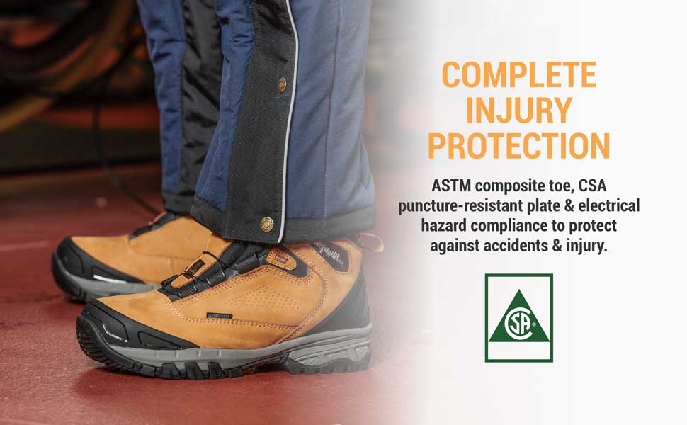 Complete injury protection. ASTM composite toe, CSA puncture-resistant plate and electrical hazard compliance to protect against accidents and injury.