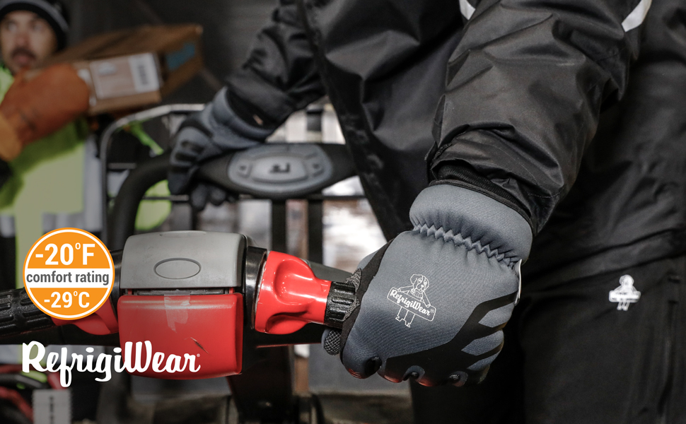 Close up shot of someone wearing RefrigiWear Insulated Softshell Gloves