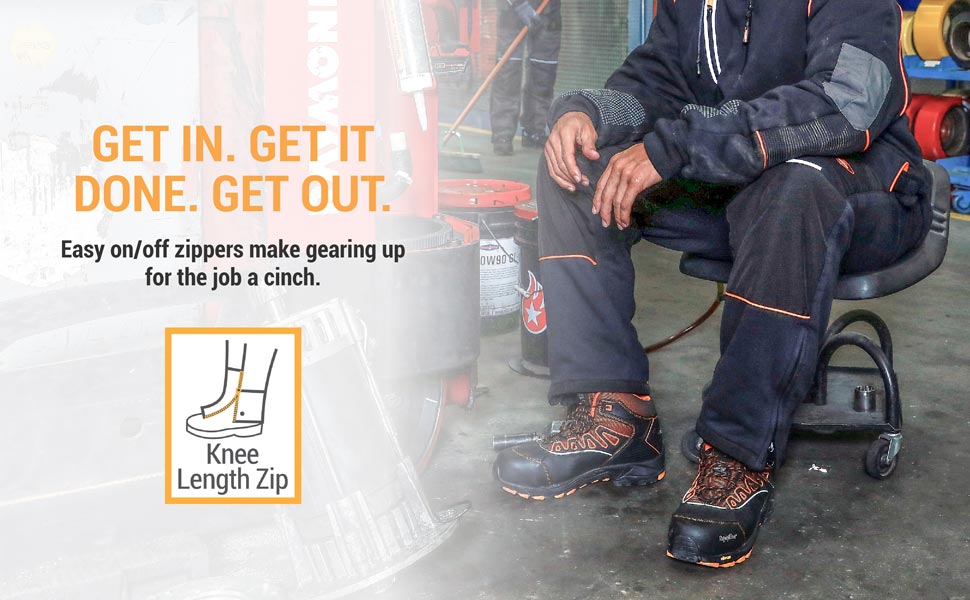 Get in. Get it done. Get out. Easy on/off zippers make gearing up for the job a cinch.