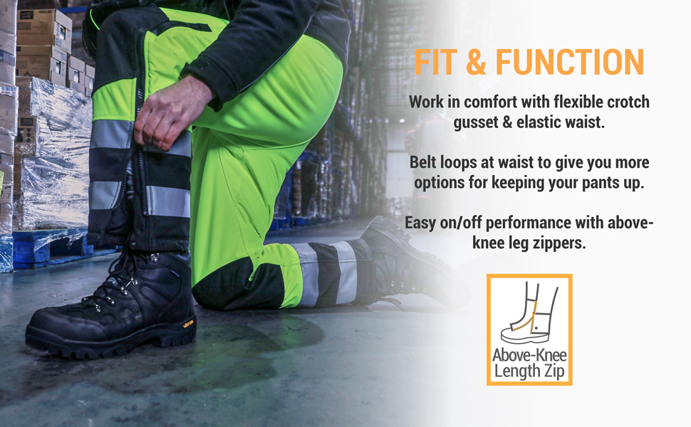 Fit and function. Work in comfort with flexible crotch gusset and elastic waist. Belt loops at waist to give you more options for keeping your pants up. Easy on and off performance with above knee leg zippers.