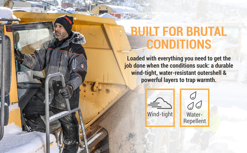 Built for brutal conditions. Loaded with everything you need to get the job done when the conditions suck: a durable wind-tight, water-resistant outershell and powerful layers to trap warmth.