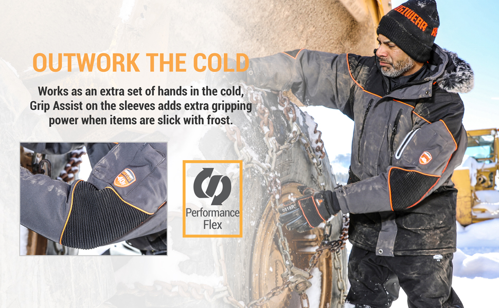Outwork the cold. Works as an extra set of hands in the cold, Grip Assist on the sleeves adds extra gripping power when items are slick with frost.