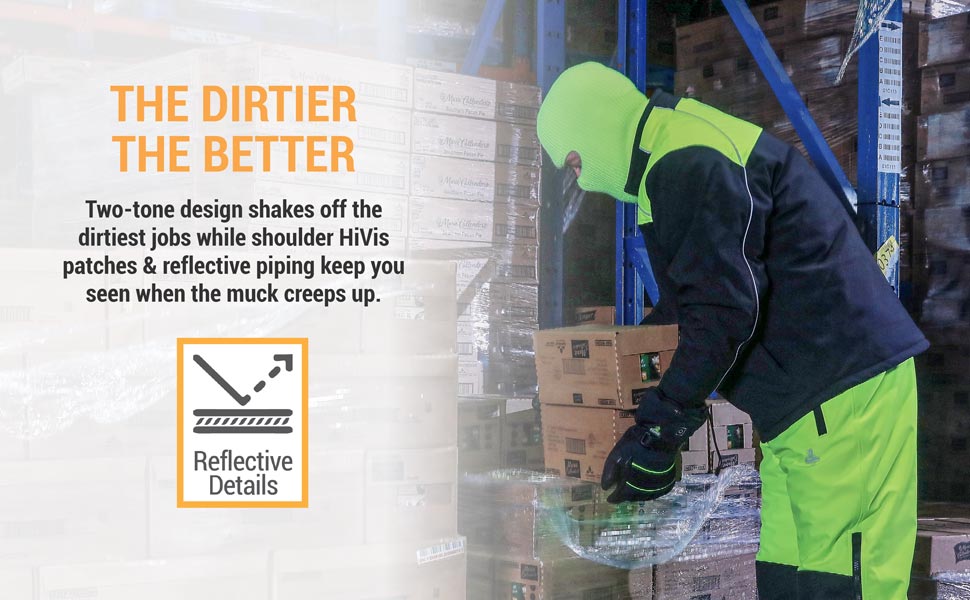 The dirtier the better. Two-tone design shakes off the dirtiest jobs while shoulder HiVis patches and reflective piping keep you seen when the muck creeps up.