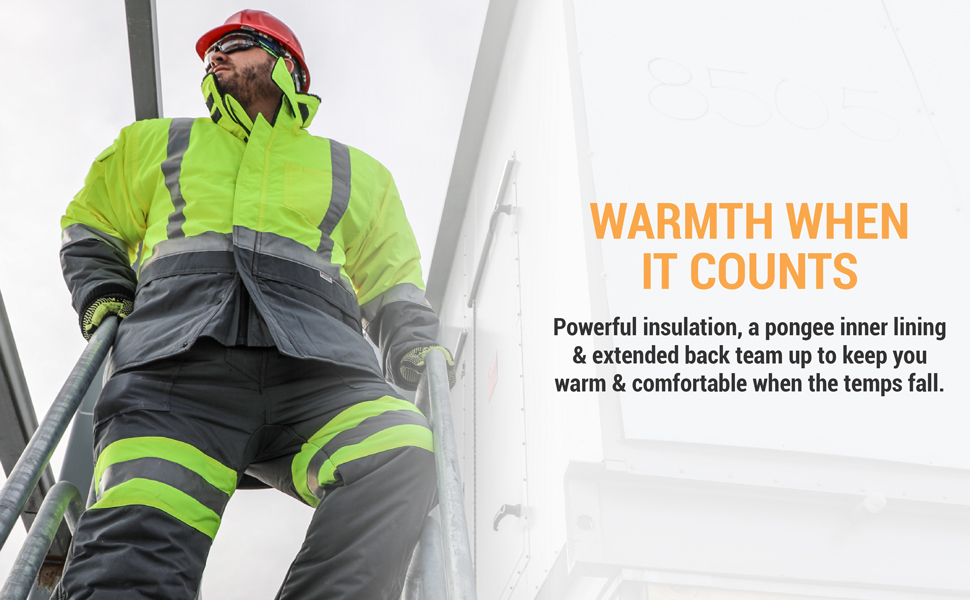 Warmth when it counts. Powerful insulation, pongee inner lining and extended back team up to keep you warm and comfortable when the temps fall