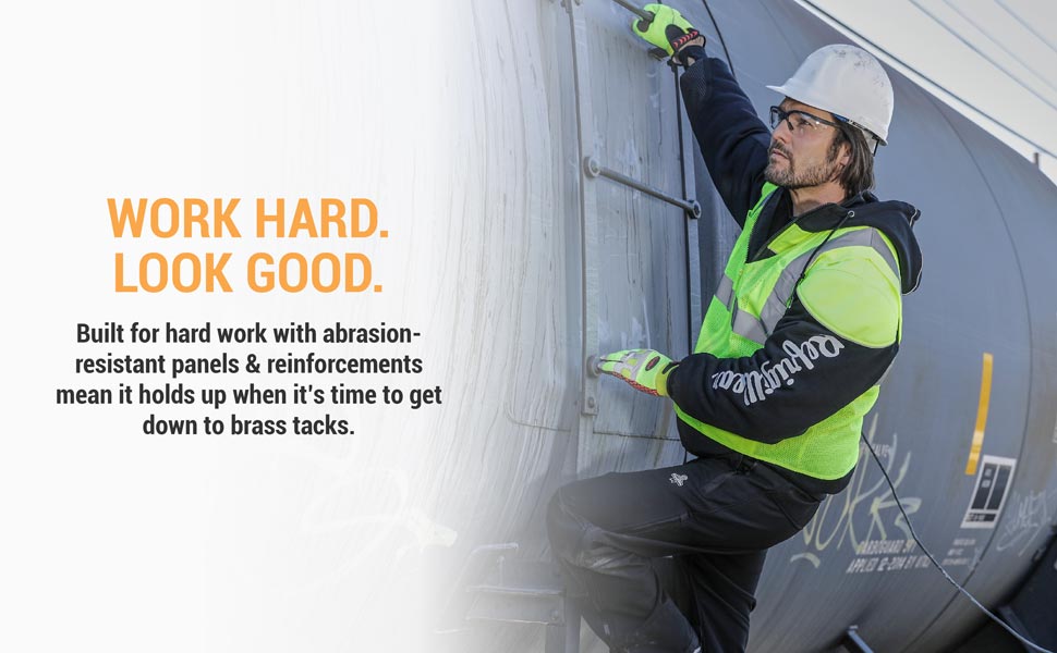 Work hard, look good. Built for hard work with abrasion-resistant panels and reinforcements mean it holds up when its time to get down to brass tacks.