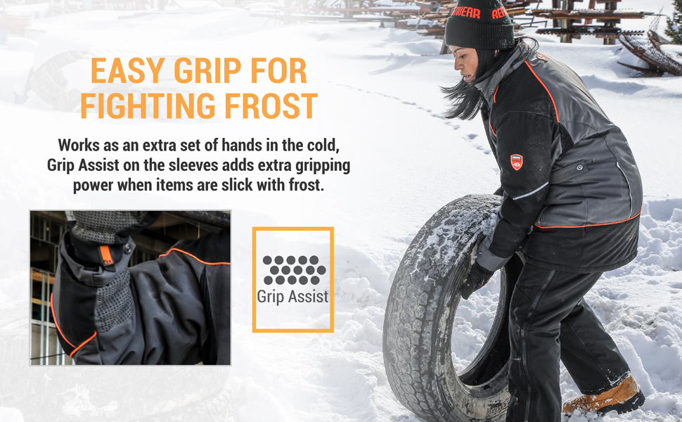 Easy grip for fighting frost. Works as an extra set of hands in the cold, Grip assist on the sleeves adds extra gripping power when items are slick with frost.