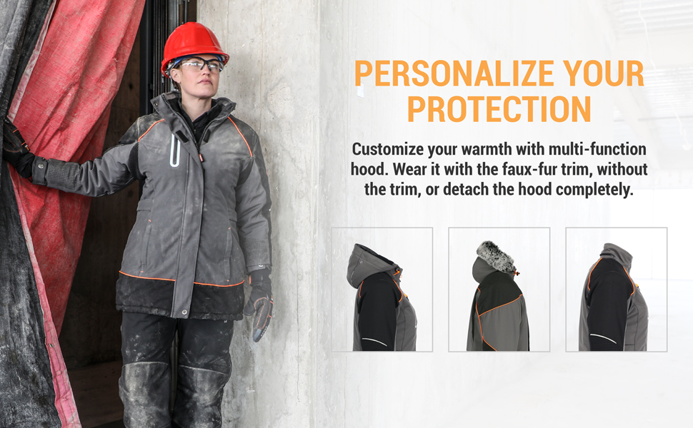 Personalize your protection. Customize your warmth with multi function hood. Wear it with the faux-fur trim, without the trim, or detach the hood completely.