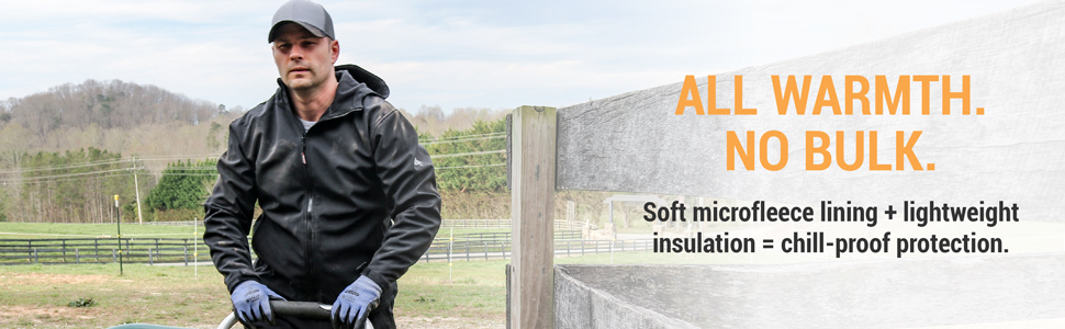 All warmth. No bulk. Soft microfleece lining and lightweight insulation = chill-proof protection.