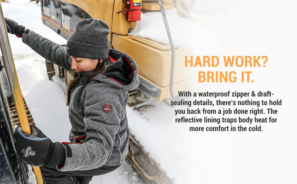 Hard work? Bring it. With waterproof zipper and draft sealing details, there's nothing holding you back from a job done right. The reflective lining traps body heat for more comfort in the cold